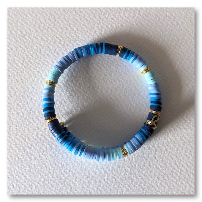 Bracelet Heishi Bleu ciel, Marine & Or
