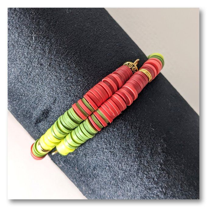 Bracelet Heishi Vert, Rouge corail & Or